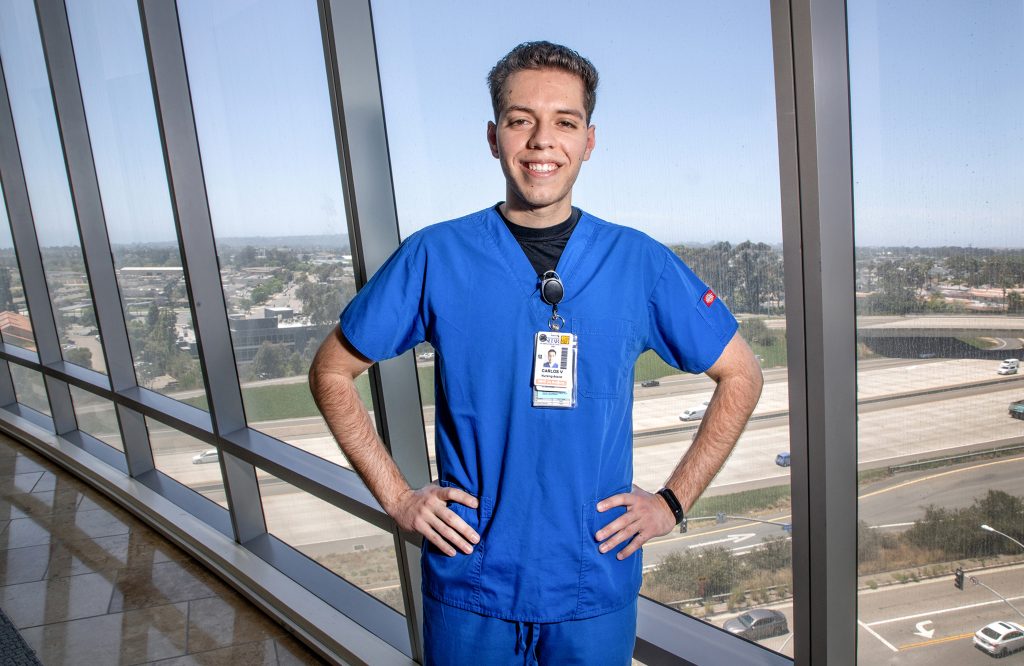 Portrait of Carlos Vidrio at Sharp Hospital where he works as a certified nursing assistant. 