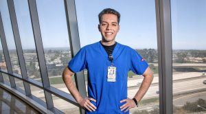 Portrait of Carlos Vidrio at Sharp Hospital where he works as a certified nursing assistant.