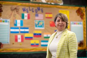 Portrait of Evon Nueman, a substitute ESL teacher, during a class at the Fontana Adult School