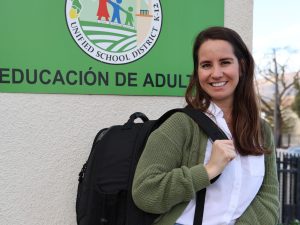 Nidia Roth at school with a backpack