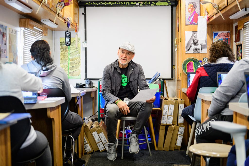 Don Curtis sitting in the RV classroom